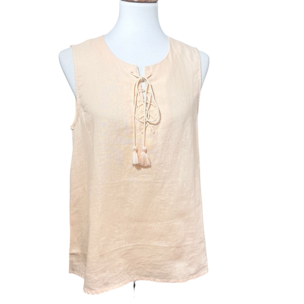 Cremieux 100% Linen Peach Tank Top Women Size M Lace Up Boho Sleeveless